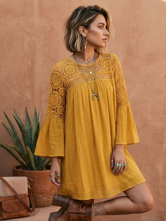 Indigo Rose Mustard Yellow Boho Crochet Lace Mini Dress | Bell Sleeve Bohemian M - Picture 1 of 10